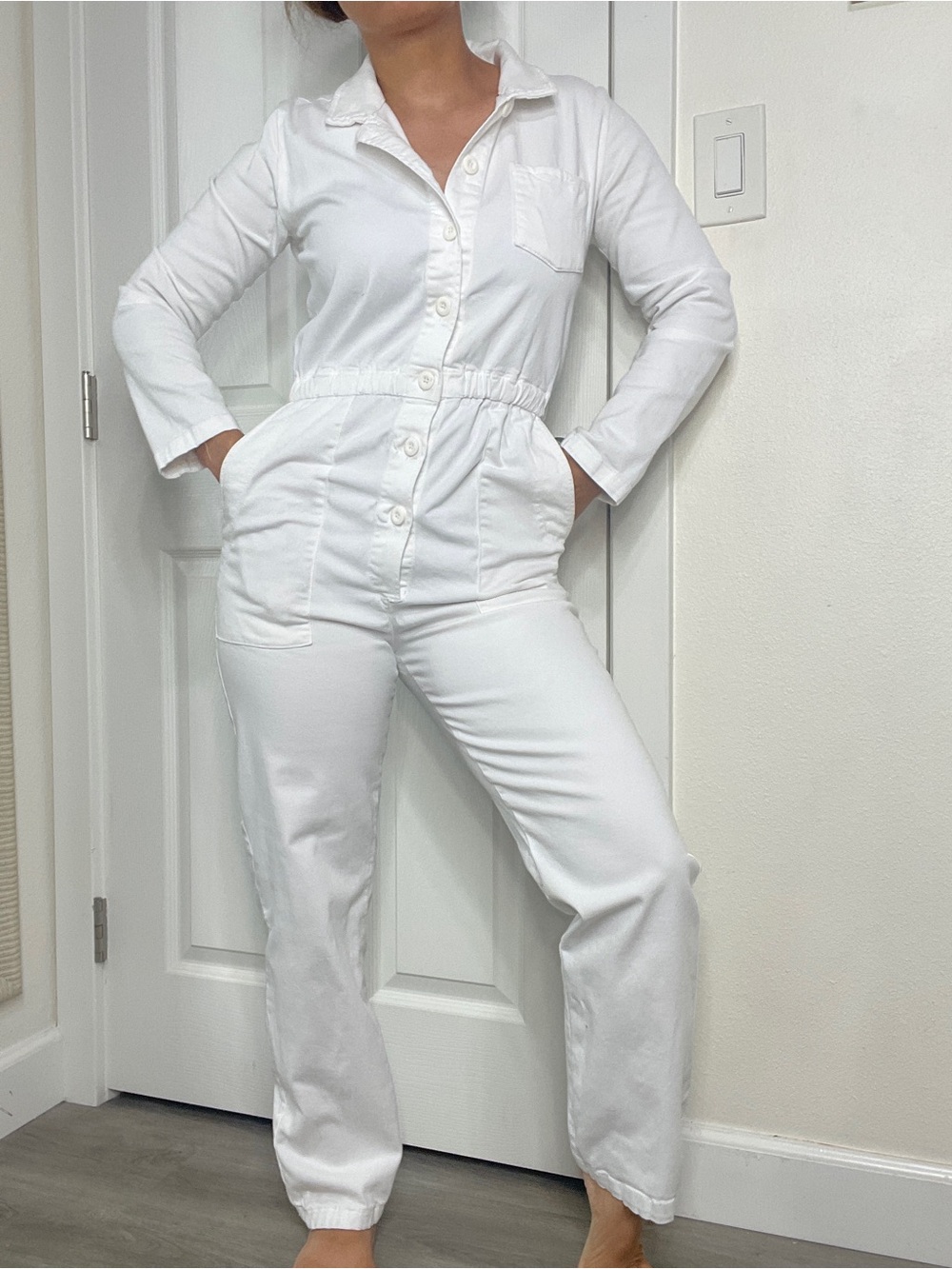 brandy melville white cream dylan jumpsuit button down